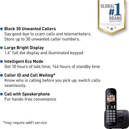 Panasonic Cordless Phone, 1.6" Backlit Display, Call Block, Speakerphone, 10 Hours Talk Time, 1 Handset - KX-TGC200B (Black)