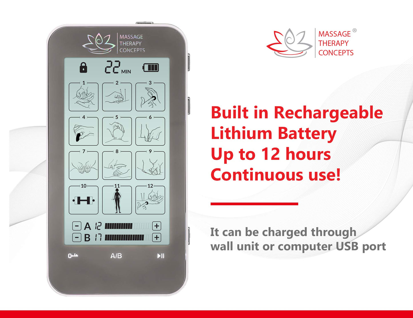 Massage Therapy Concepts TENS Unit Muscle Stimulator - Non-Invasive EMS Therapy Machine for Neck, Shoulder & Back Pain Relief, Sciatica, Arthritis - Safe & Portable with 12 Modes & 20 Intensity Levels