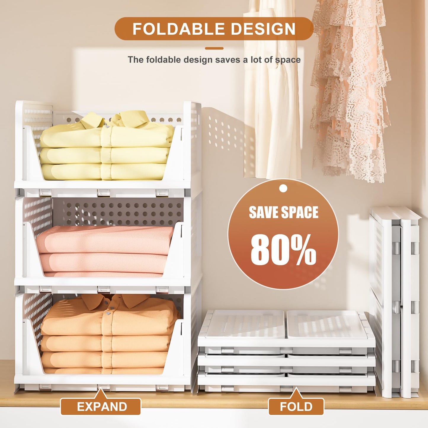 Neprock Clothes Organizers and Storage, 5 Pack Stackable Plastic Bins, Foldable Closet Organizers Drawers for Clothing storage (5L)（White）