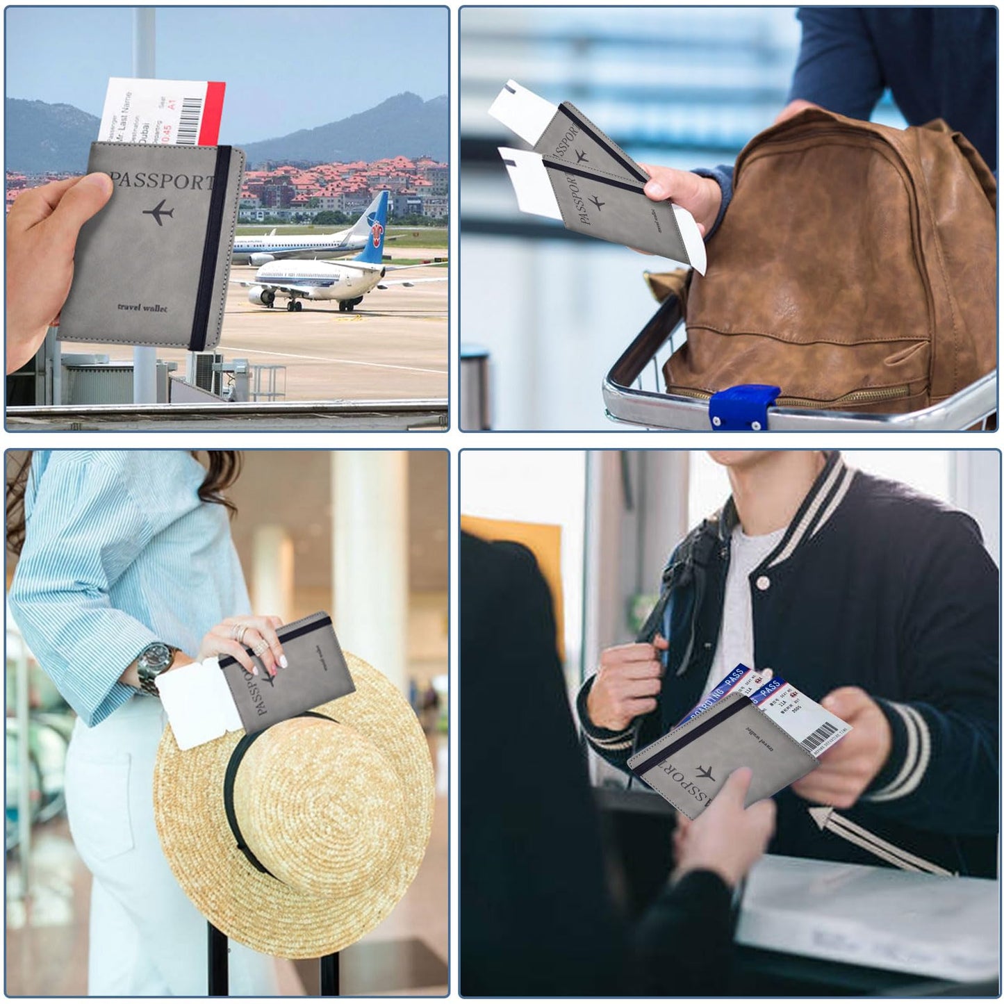Passport Holder, Passport Cover with Credit Card Slot and Boarding Pass Slot Combo, Passport Wallet Case Book Travel Must Have, RFID Blocking Leather Travel Accessories, Grey