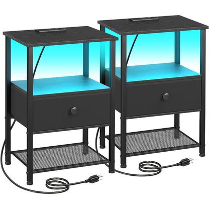 LOAKEKEL Night Stand Set 2, LED Nightstand with Charging Station, End Tables Living Room with Fabric Drawer, Small Side Tables for Bedroom, Small Space, Black, HETS01BK