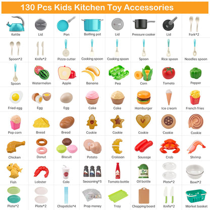 130Pcs Kitchen Playset, Toddler Pretend Cooking Play Pots, Pans, Utensils Cookware, Daily Food Fruit Veges, Shopping Storage Basket, Dessert, Prop Money, Learning Gift for Child (Turquoise)