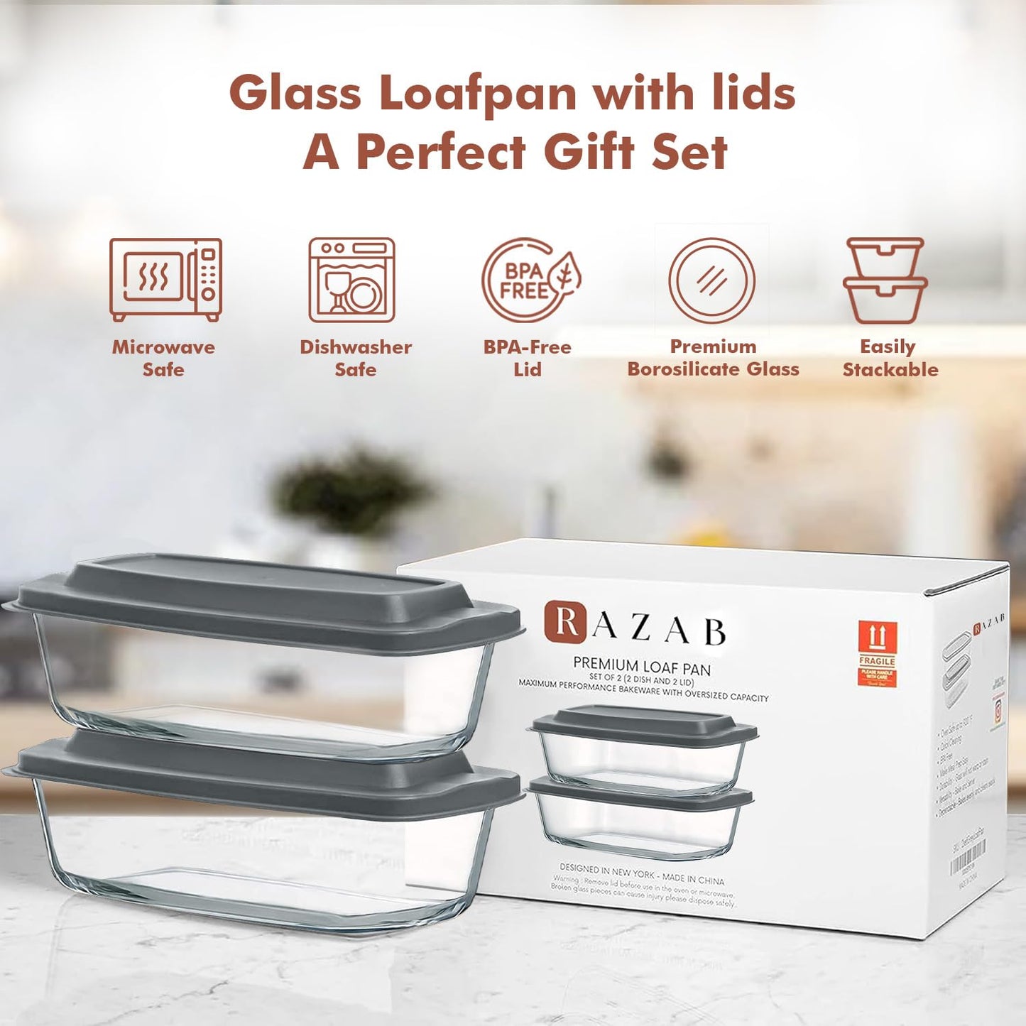Razab LARGE 7.6 Cups/1800 ML/1.9 Qt Glass Loaf Pan with Lids (Set of 2) - Meatloaf Pan BPA free Airtight Lids Grip Handle Easy Carry, Microwave and Oven Safe - Loaf Pans For Baking Bread, Cakes