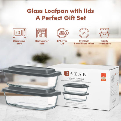 Razab LARGE 7.6 Cups/1800 ML/1.9 Qt Glass Loaf Pan with Lids (Set of 2) - Meatloaf Pan BPA free Airtight Lids Grip Handle Easy Carry, Microwave and Oven Safe - Loaf Pans For Baking Bread, Cakes