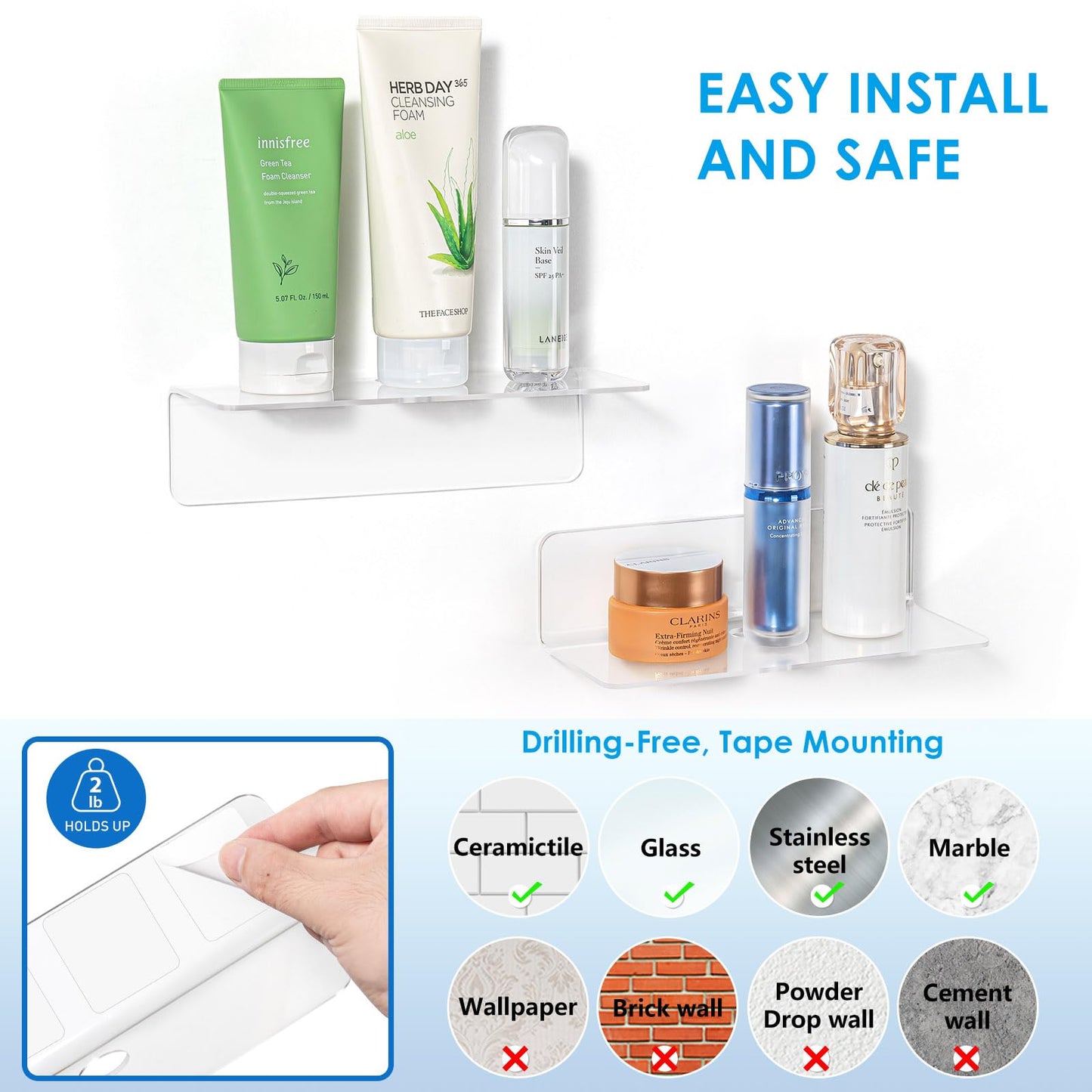 OAPRIRE Clear Acrylic Floating Shelves Set of 2 - Easily Expand Wall Space - Small Wall Shelf with Strong Adhesive for Bathroom, Bedroom, etc