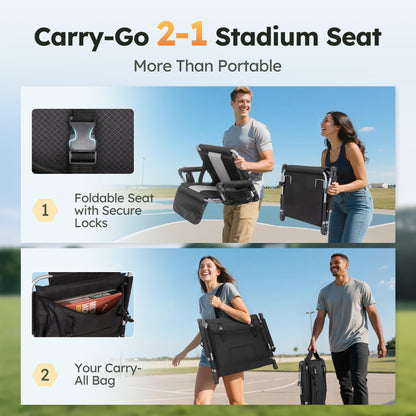 LET'S CAMP 2 Pack Folding Stadium Seats, Portable Bleacher Chairs with Comfortable Cushions, Cup Holder and Mesh Bag, Perfect for Sports Games and Outdoor Activities