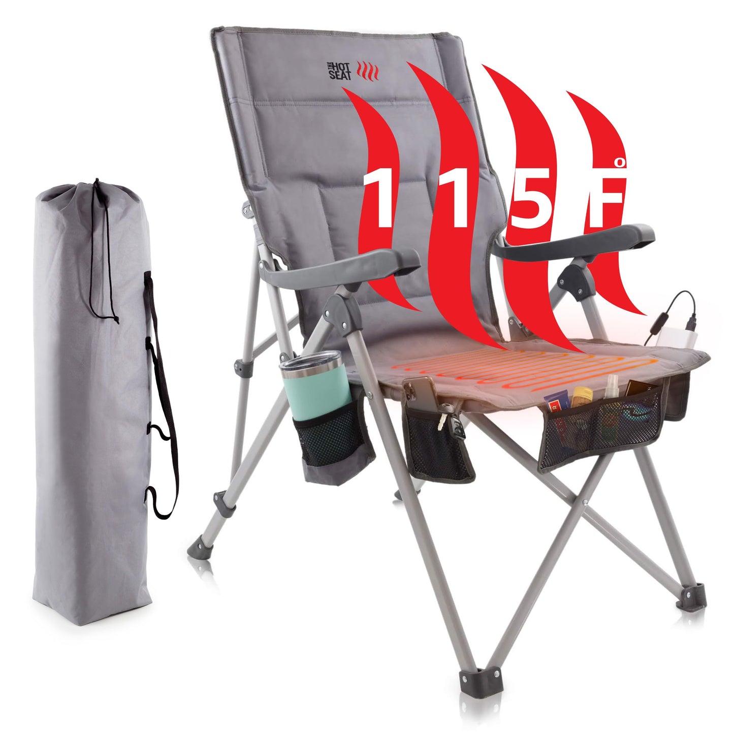 POP Design The Hot Seat, USB Heated Portable Folding Camping Chair, Perfect for Outdoor, Lawn, Patio, Sports, Beach, or Picnics. (Battery Pack NOT Included)