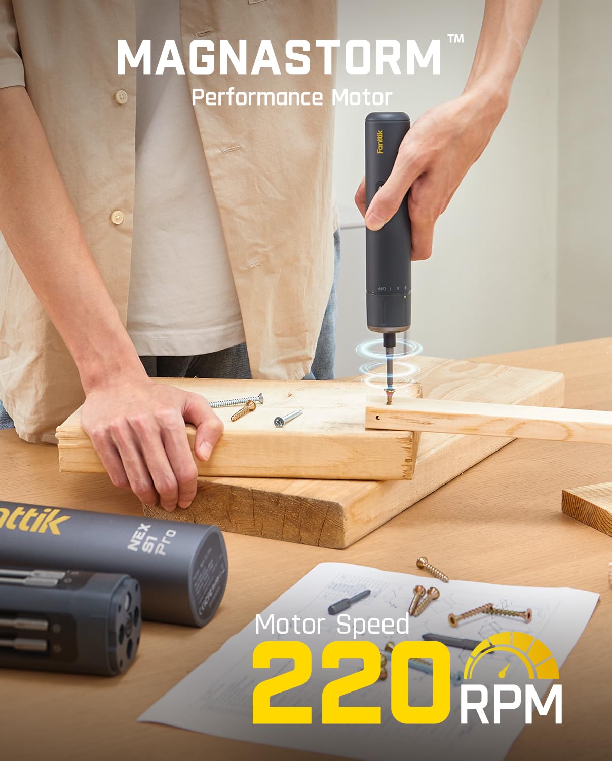 Fanttik S1 Pro 3.7V Electric Screwdriver, Power Screwdriver with16 S2 Steel Bits, 3 Torque Settings, Max 6 N.m, 2000mAh Battery, LED Light & 1/4''Hex, Ideal Tool for Furniture & Gaming PC