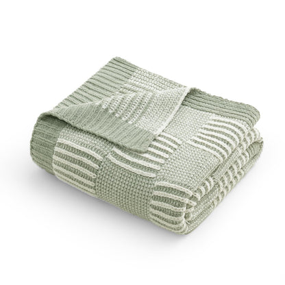Amélie Home Chenille Knit Throw Blanket for Couch, Checkered Texture Decorative Soft Blanket for Sofa, Bed & Living Room, 50"x60", Sage Green & White