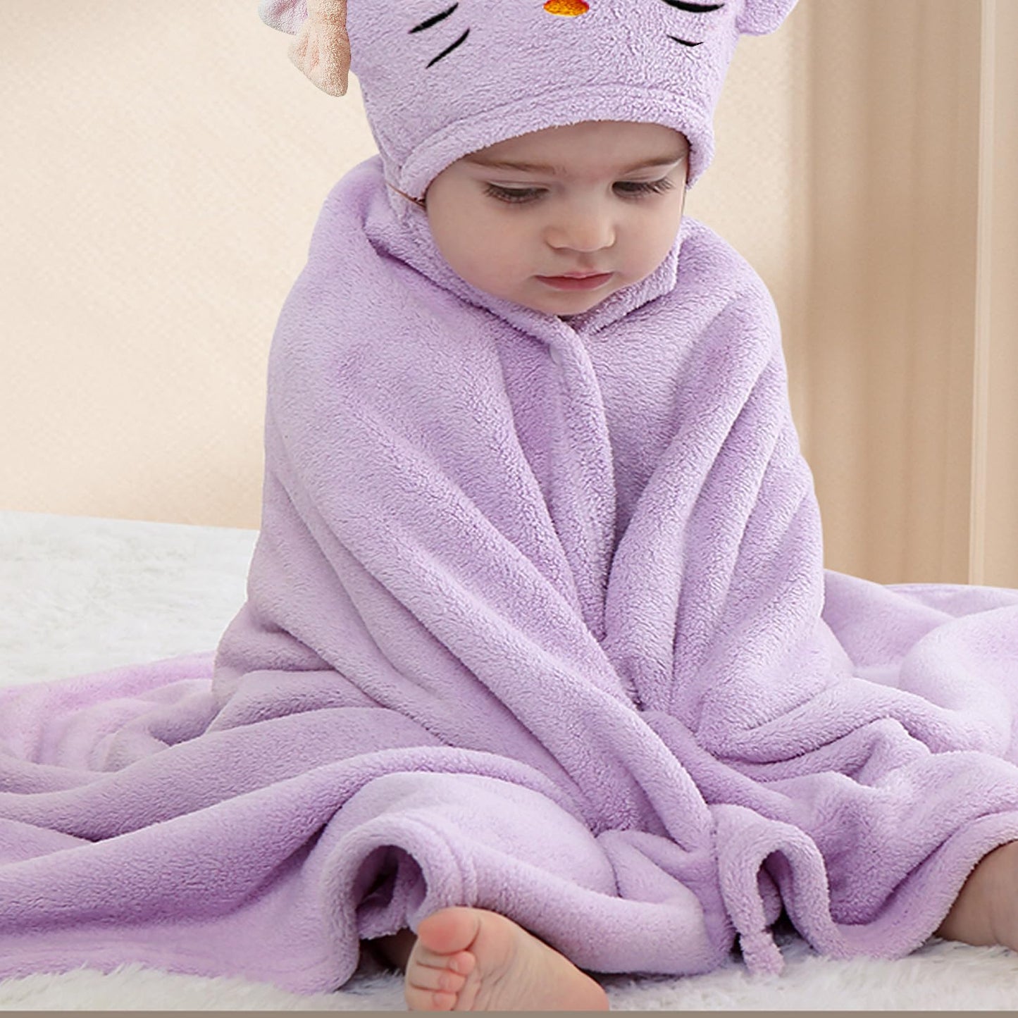 IFaryMes Toddler Bath Towel Baby Towels with Hood 27.5"X55" Ultra Absorbent Soft Bathrobe Blanket Kids Shower Towel for Girls and Boys(Purple-Cat)