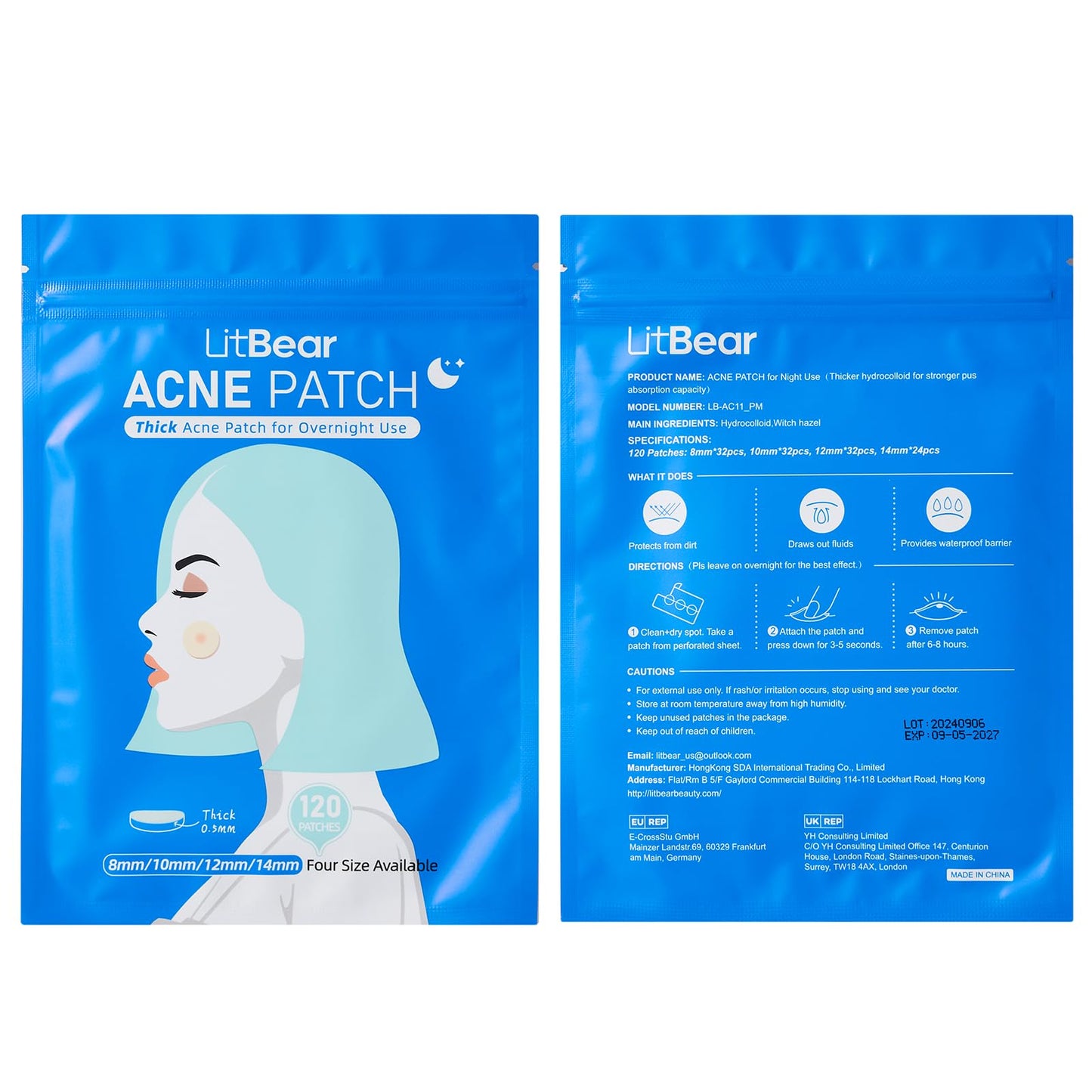 LitBear Acne Pimple Patches- Day and Night 4 Sizes 180 Dots Thin & Thick Hydrocolloid Patches with Witch Hazel, Tea Tree & Calendula Oil, Extra Adhesion for Face Zit Patch Dots