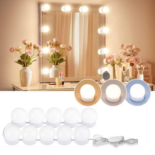 LED Vanity Lights For Mirror, Consciot Hollywood Style With 10 Dimmable Bulbs, Adjustable Color & Brightness, USB Cable, Stick on for Makeup Table Dressing Room Mirror