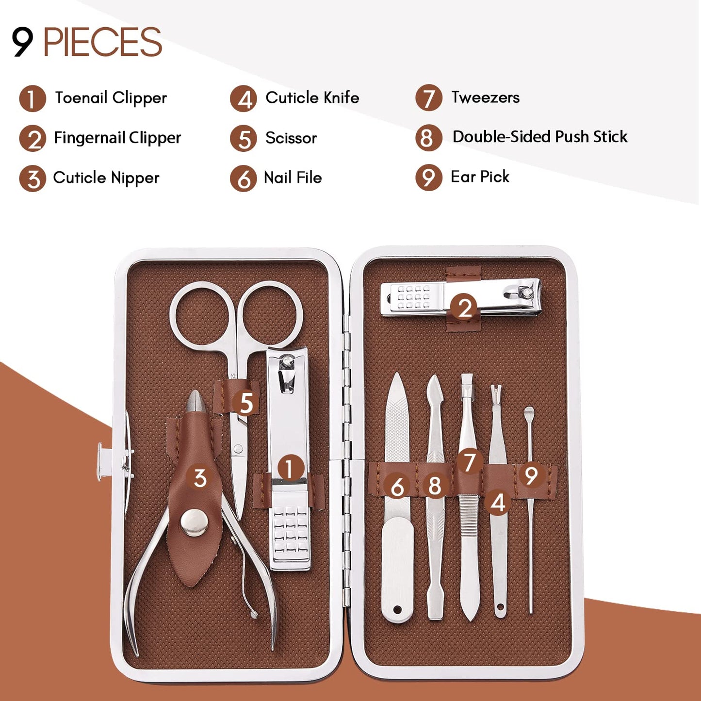 Manicure Set, FAMILIFE Professional Manicure Kit Nail Kit Mens Grooming Tools Pedicure Tool 9PCS Gifts for Men Boyfriend Stainless Steel Nail Clipper Set Leather Case Brown