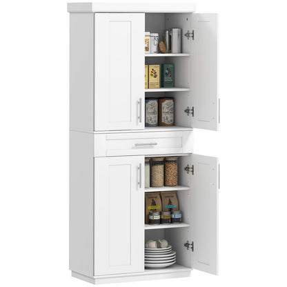 HOMCOM 72" Kitchen Pantry Cabinet, Freestanding Tall Storage Cabinet with 4 Doors, Drawer and 3 Adjustable Shelves for Dining Room, White