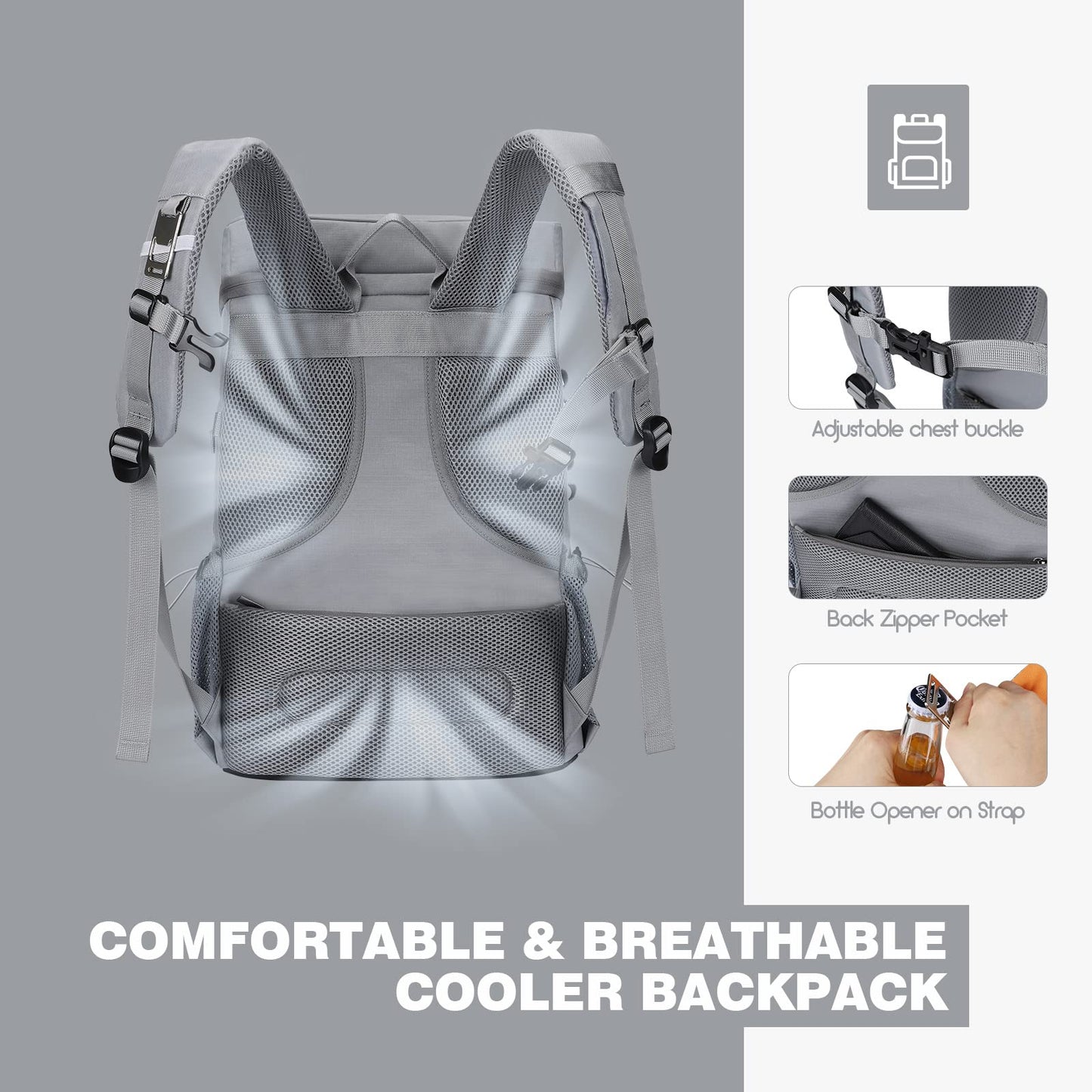 Maelstrom 35 Can Backpack Cooler Leakproof,Insulated Soft Cooler Bag,Beach / Camping Cooler,Ice Chest Backpack for Travel, Grocery Shopping,Kayaking,Fishing,Hiking,Grey