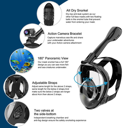 Jwintee Full Face Snorkel Mask, Diving Mask for Kids and Adults,180° Panoramic View Snorkel Mask with Camera Mount, Safe Breathing, Anti-Leak&Anti-Fog