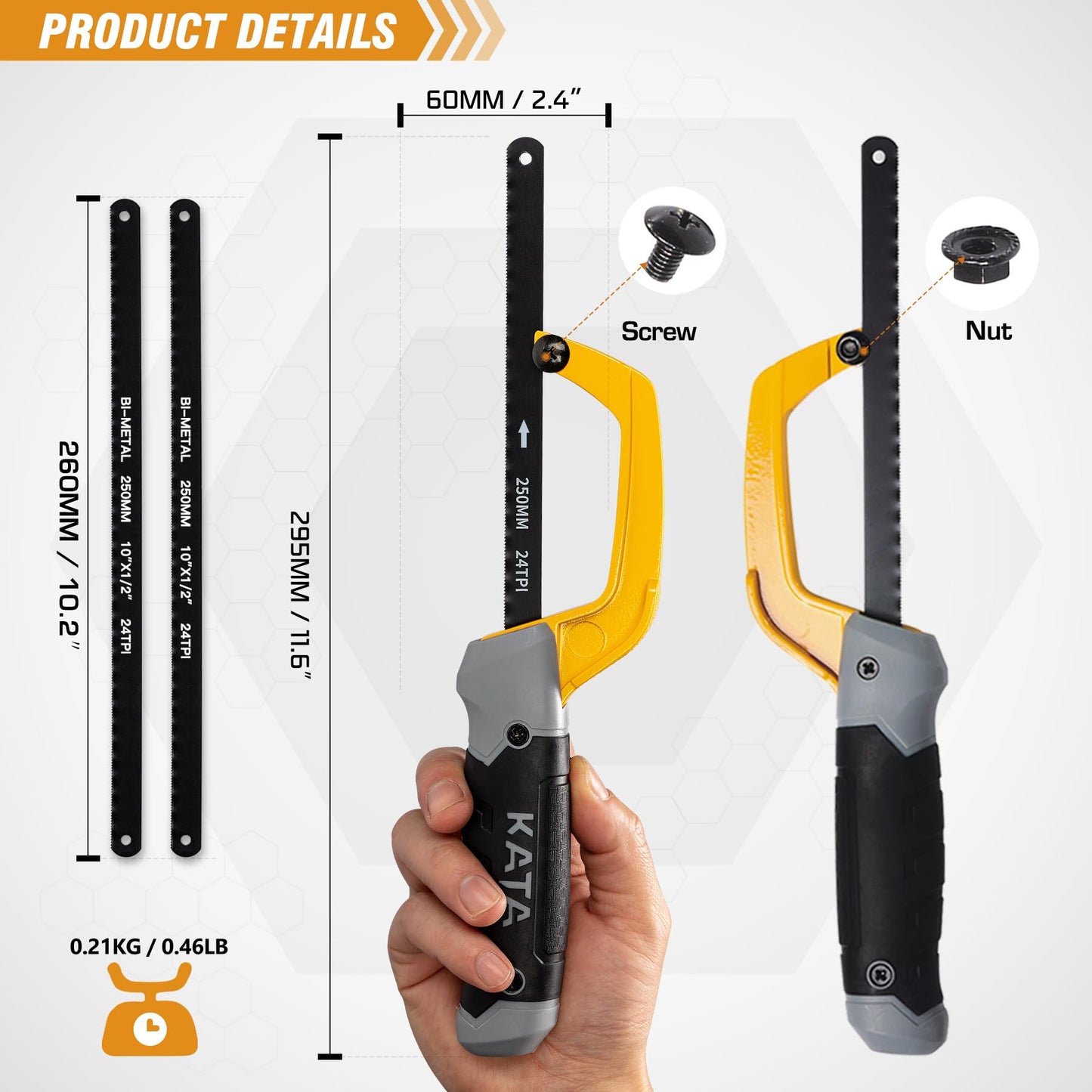 KATA Hacksaw, Compact Hand Operating Hack Saw with 10 Inch Aluminum Frame and 2 Piece Extra Flexible Bi-Metal HSS Blades, Suitable for Wood and Metal (Mini Hacksaw)
