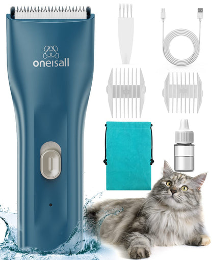 oneisall Pet Clipper for Cat Matted Hair, Pet Shaver for Cats Quiet Pet Clippers Waterproof Cordless Cat Clippers for Matted Hair Long Hair with Storage Bag (Green)
