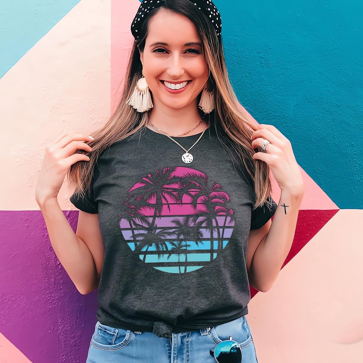 Hawaiian Shirts for Women Palm Trees Beach Graphic Tee Tops Summer Vacation Short Sleeve Tshirt Tops Dark Grey S