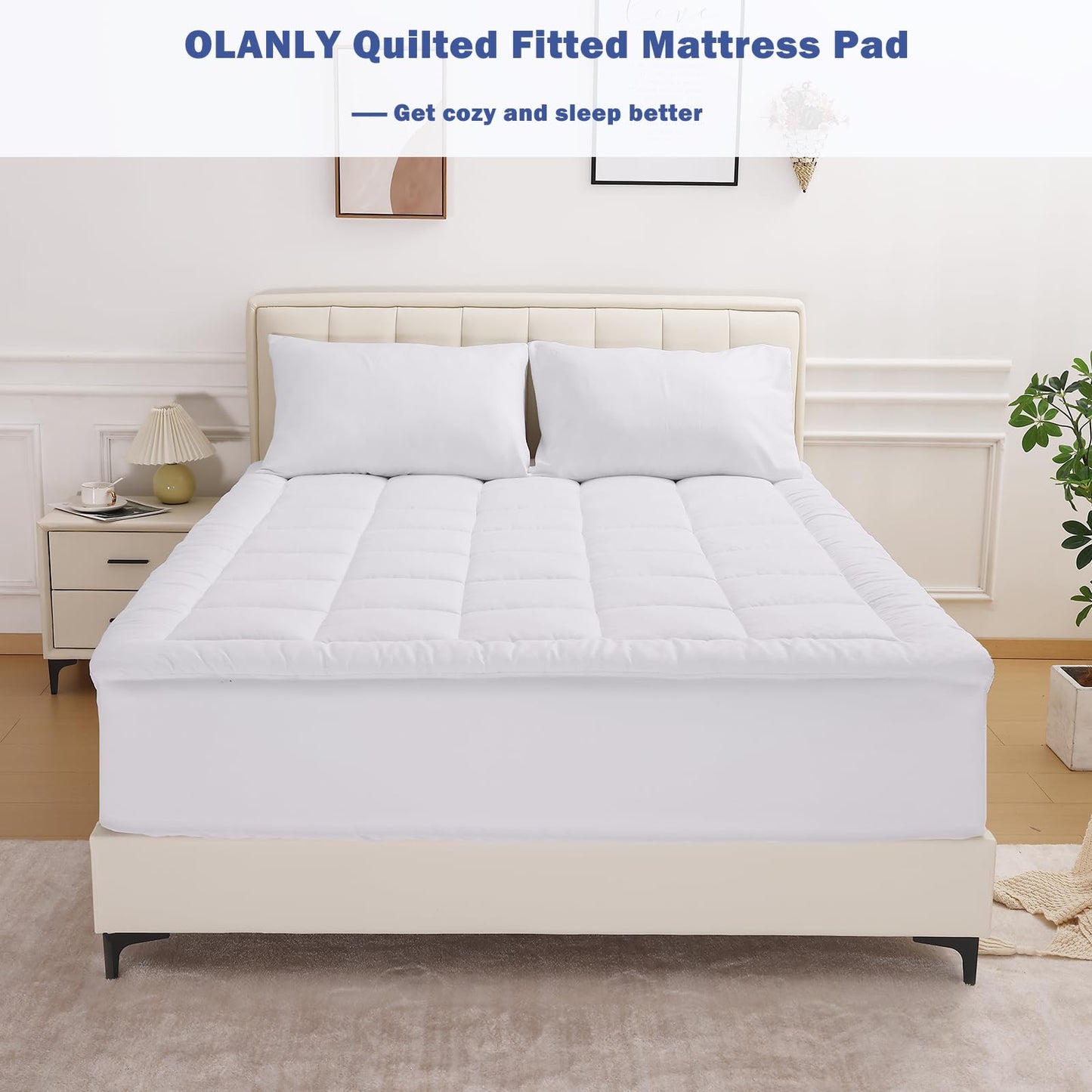 OLANLY Twin Quilted Fitted Mattress Pad, Elastic Fitted Mattress Topper, Cooling Soft Mattress Cover Stretches up to 21 Inches Deep, Machine Washable Mattress Protector (39x75 inch, White)