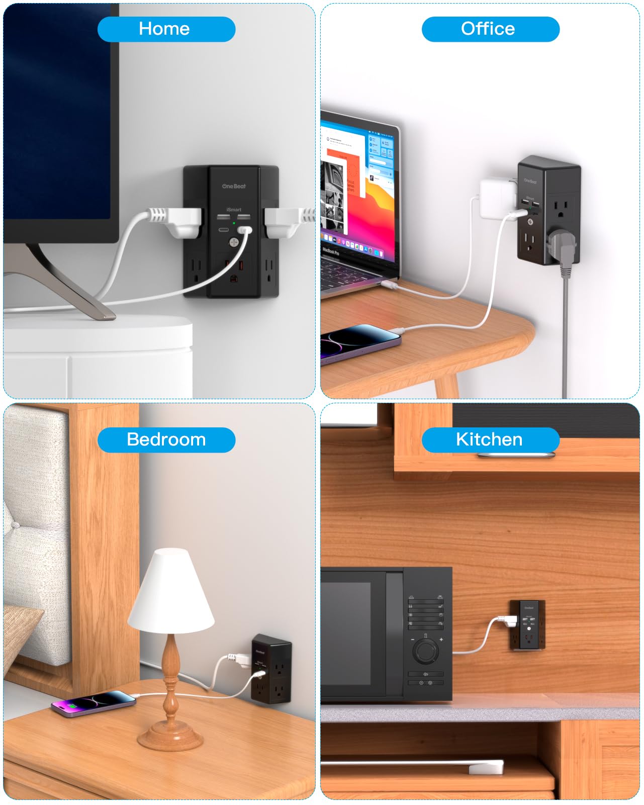 2 Pack Multi Plug Outlet, Surge Protector, 5 Outlet Extender with 4 USB Charging Ports (2 USB C), USB Wall Charger, 3-Sided 1800J Power Strip Outlets Splitter Wall Plug Adapter Spaced for Home,Black