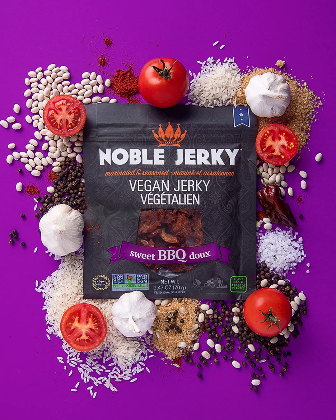 Noble Jerky - Healthy Vegan Plant Protein + Energy Non-GMO Meat Free 100% Natural 4 Bags (2.47 oz each Bag)