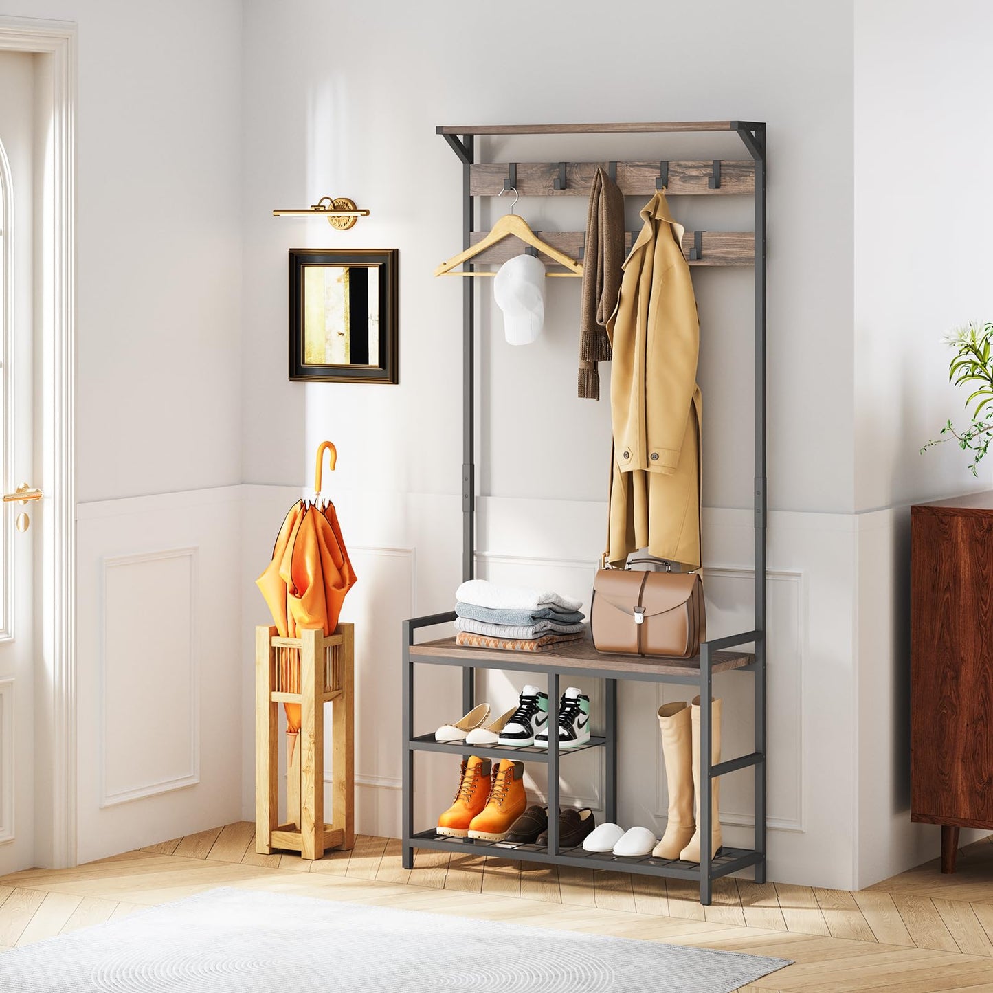 HOMEKOKO Coat Rack Shoe Bench, Hall Tree Entryway Bench with Storage, Wood Look Accent Furniture with Metal Frame, 3-in-1 Design (Dark Brown)