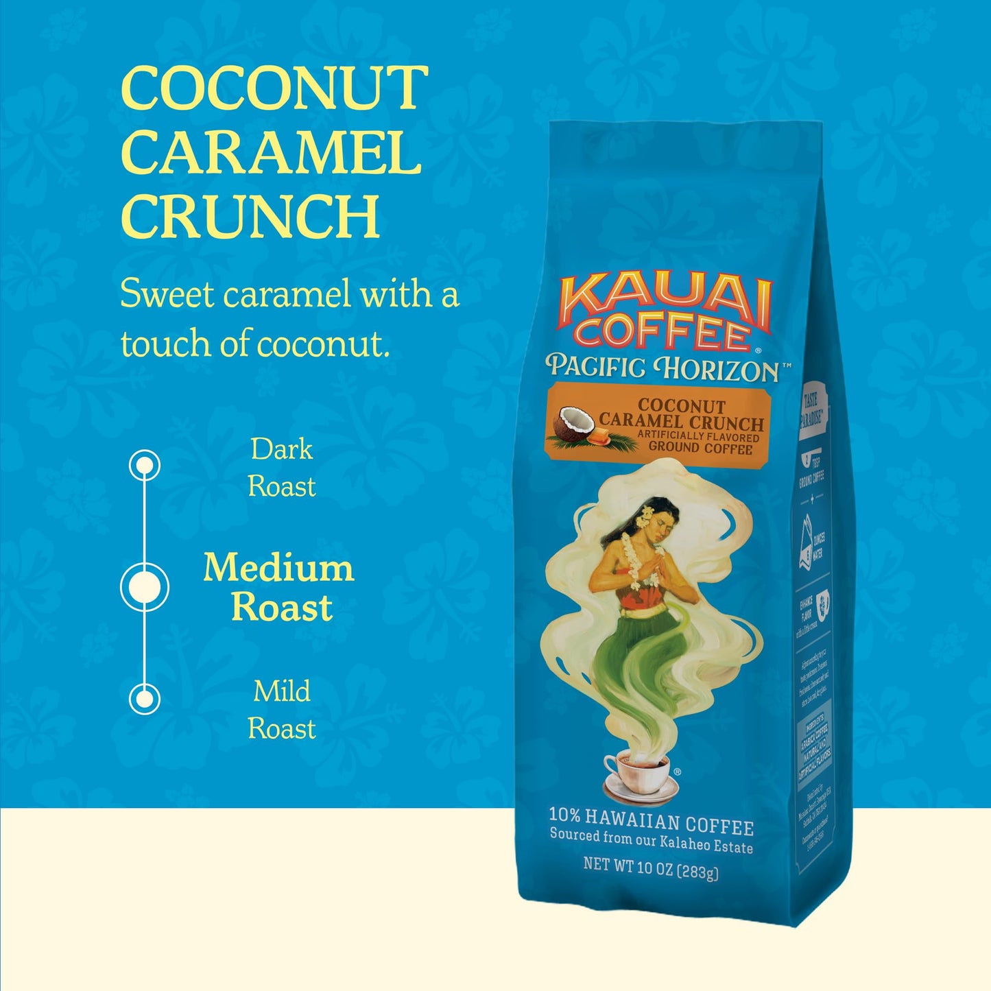 Kauai Coffee Ground Coffee – Smooth, Rich, Medium Roast – Nutty Caramel and Tropical Coconut – Arabica Coffee, 10% Hawaiian with No Bitterness – Coconut Caramel Crunch, 1 Pack of 10oz