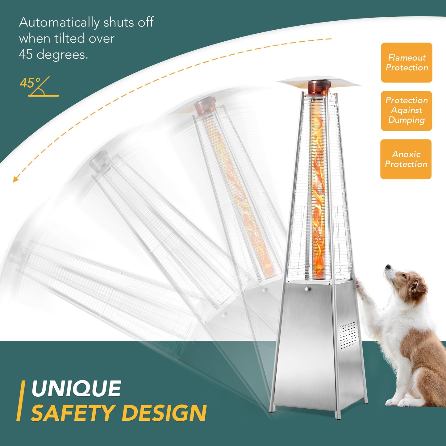 Pamapic Patio Heater, 48,000 BTU Pyramid Flame Patio Outdoor Heater with Cover, Quartz Glass Tube Stainless Steel Propane Heater with Wheels (Stainless Steel Color)