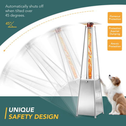 Pamapic Patio Heater, 48,000 BTU Pyramid Flame Patio Outdoor Heater with Cover, Quartz Glass Tube Stainless Steel Propane Heater with Wheels (Stainless Steel Color)