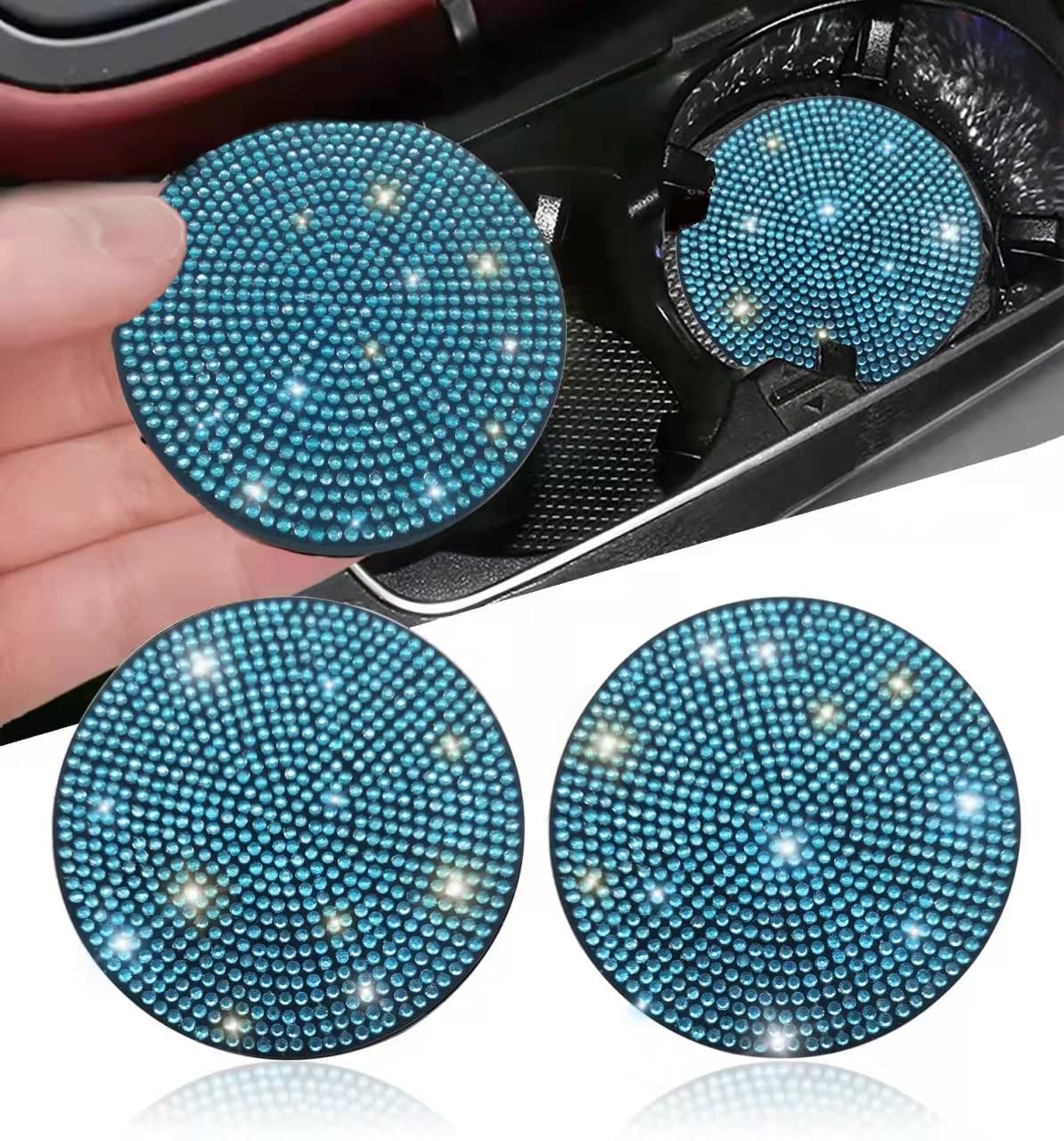 NBTEPEM 2pcs Bling Car Cup Holder Coaster, 2.75 inch Anti-Slip Shockproof Universal Fashion Car Coasters Insert Bling Crystal Rhinestone Automotive Interior Accessories for Women (2 pcs, Aquamrine)
