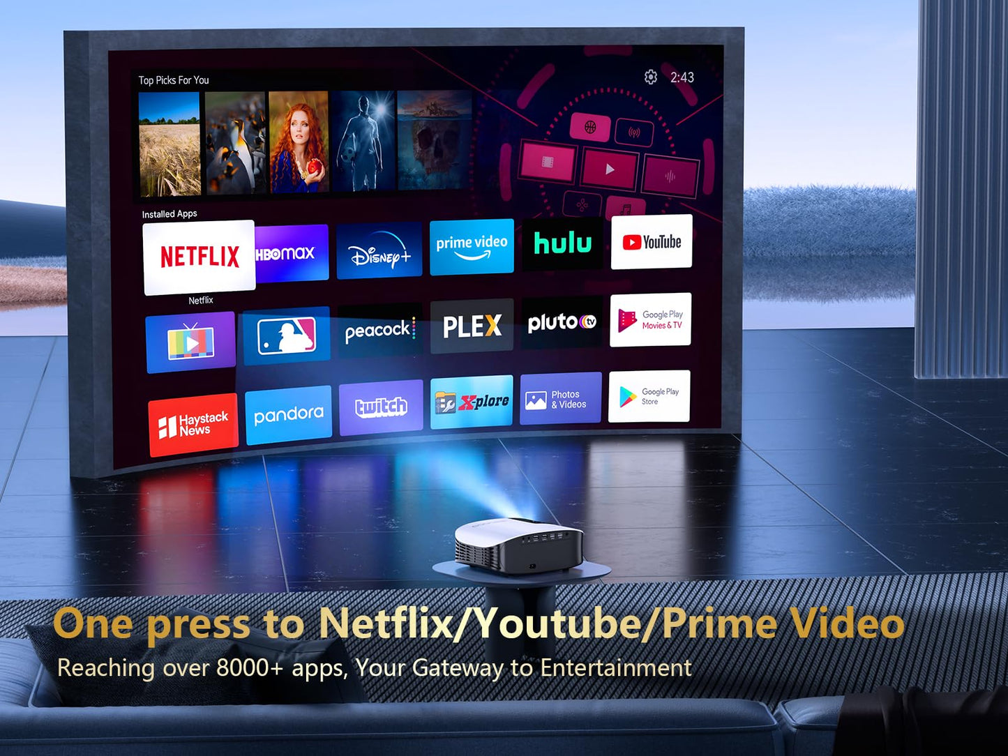 GooDee Smart 4K Projector with 5G WIFI and Bluetooth, Netflix/Amazn Prime Video Certified, Dolby Audio, Outdoor Projector, 400" Zoom Home Theater Projector Compatible with TV Stick,iOS,Android