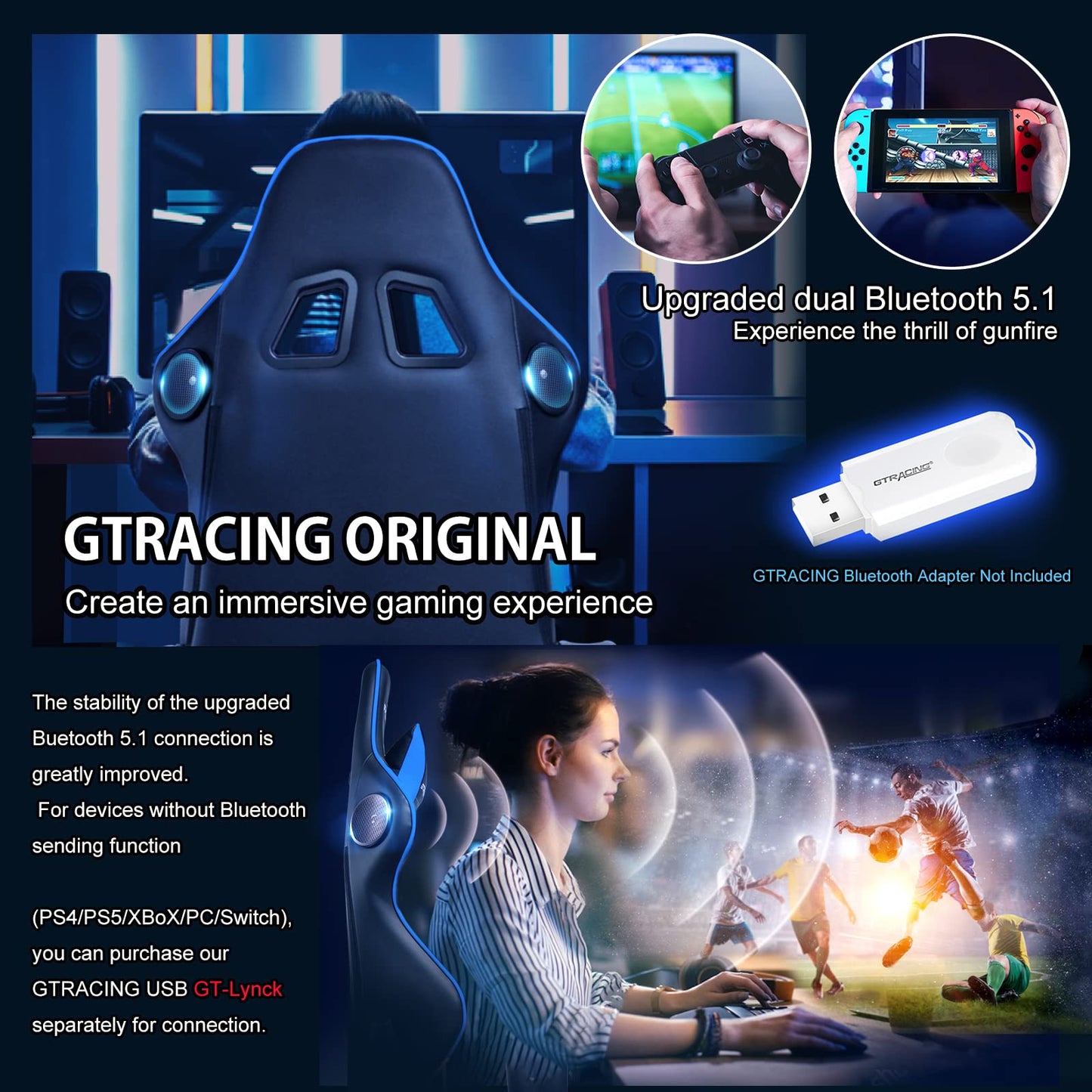 GTRACING Gaming Chair with Speakers Bluetooth Music Video Game Chair Audio Ergonomic Design Heavy Duty Office Computer Desk Chair（Blue）