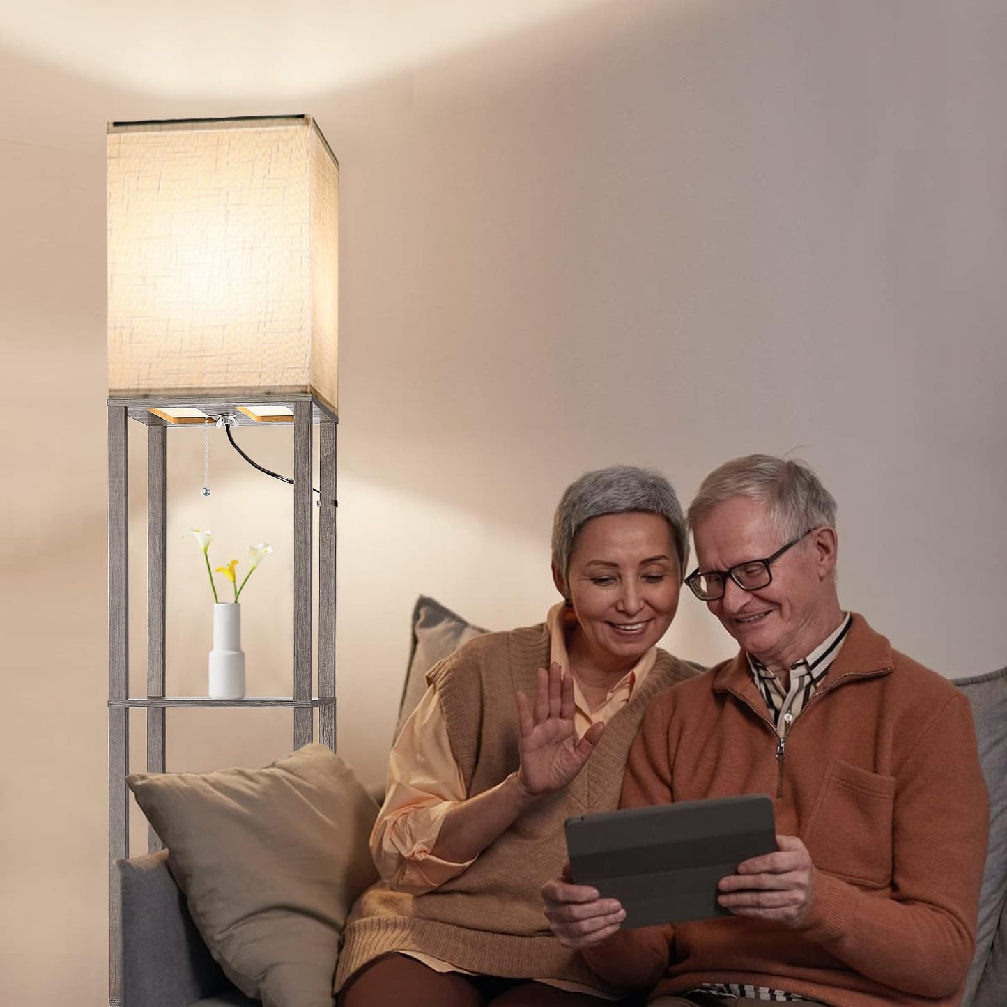 Floor Lamp with Shelves，Wood Corner Floor Lamps for living room tables with 3 CCT LED Bulb,Modern Display Bookshelf Nightstand Lamps,Column Standing Lamp for Bedroom Office Home Decor-Rustic Wood