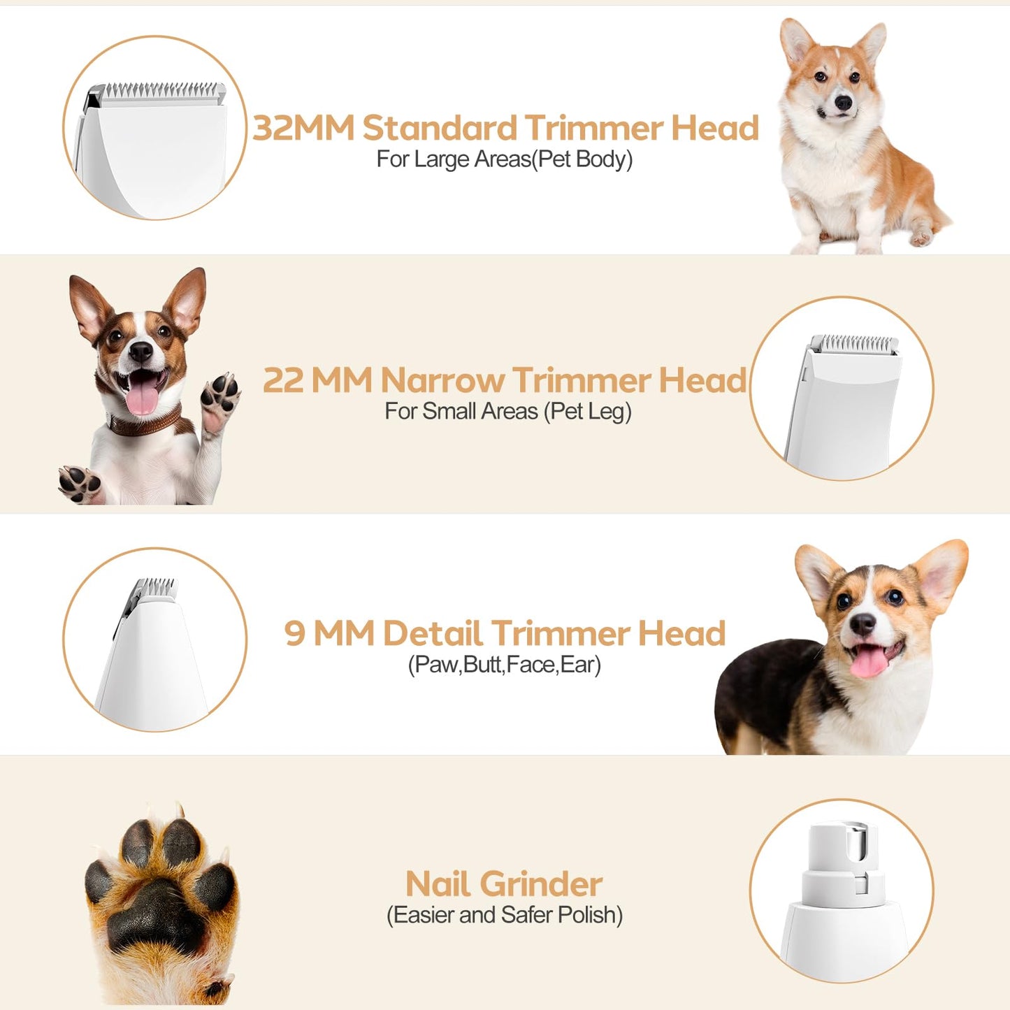 Masagotti Dogs Hair Clippers Grooming Kit with Nail Grinder, 4 in 1 Cordless Electric Trimmer Low Noise USB Pet Clippers for Dogs Cat,Grooming Paws, Eyes, Ears, Face,Matted Hair