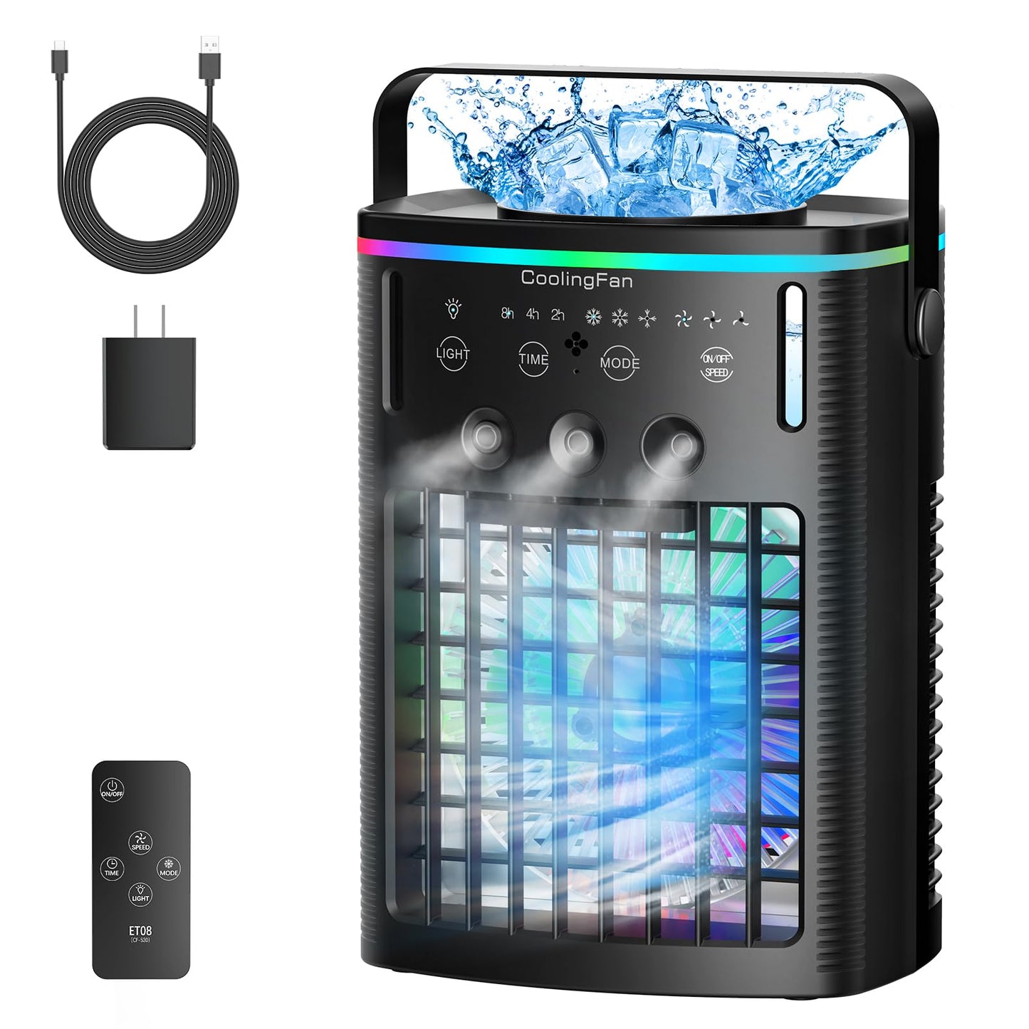 Portable Air Conditioners, Mini Air Conditioner Portable Cooling Fan with Remote Control, 3 Wind Speed & 3 Mist Level & 2-8H Timer & 7 LED Light Evaporative Air Cooler for Home Office Room, Black