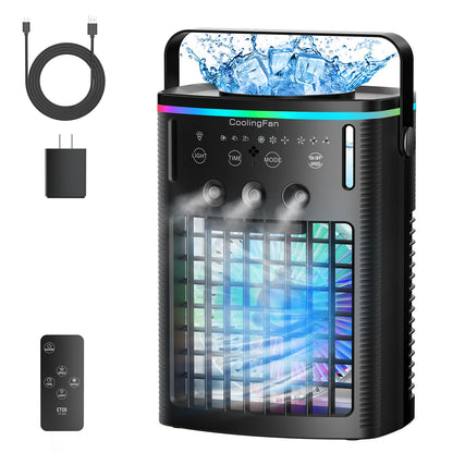 Portable Air Conditioners, Mini Air Conditioner Portable Cooling Fan with Remote Control, 3 Wind Speed & 3 Mist Level & 2-8H Timer & 7 LED Light Evaporative Air Cooler for Home Office Room, Black