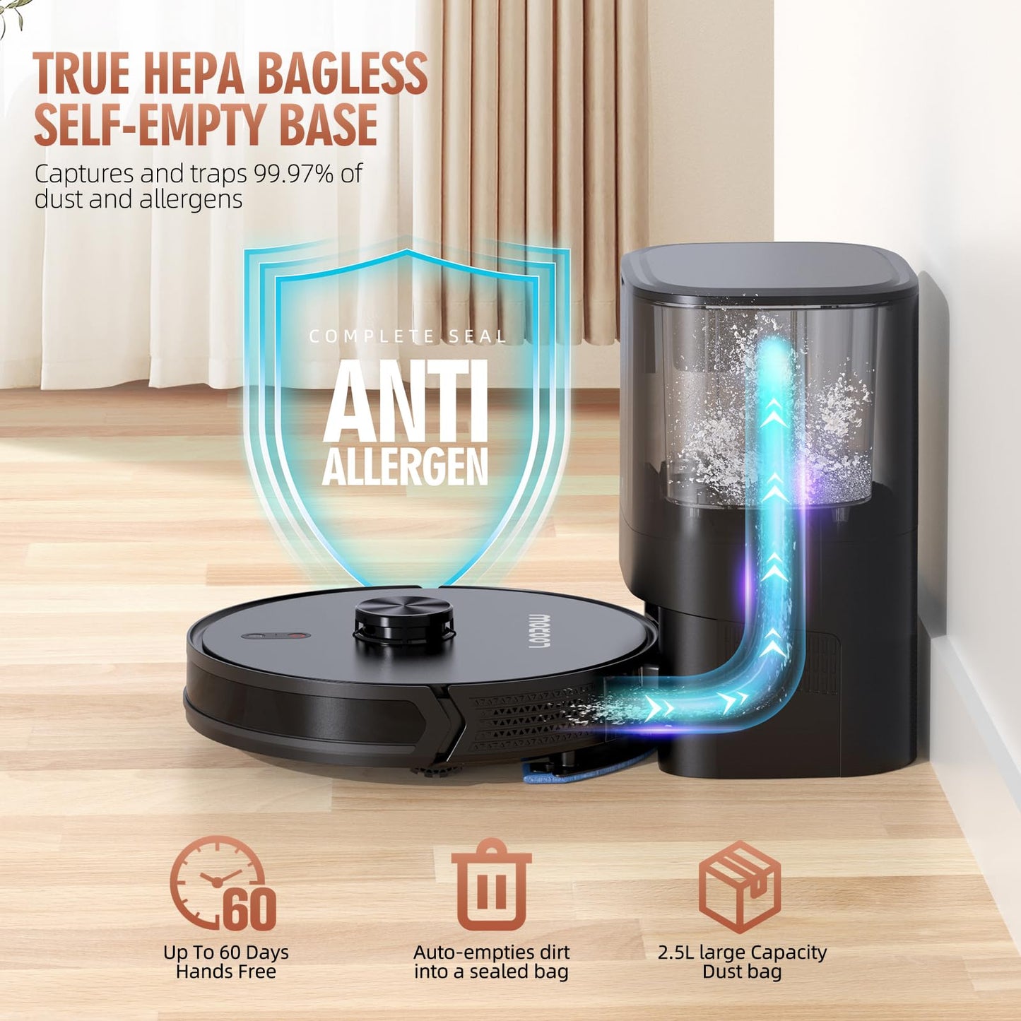 Loorow 3-in-1 Robot Vacuum and Mop Combo, Self Emptying Station for 60 Days, Robotic Vacuum Cleaner with LiDAR Navigation & Max Strong 4500Pa Suction, WiFi/App/Alexa Self-Charging Replaceable Dust Bag