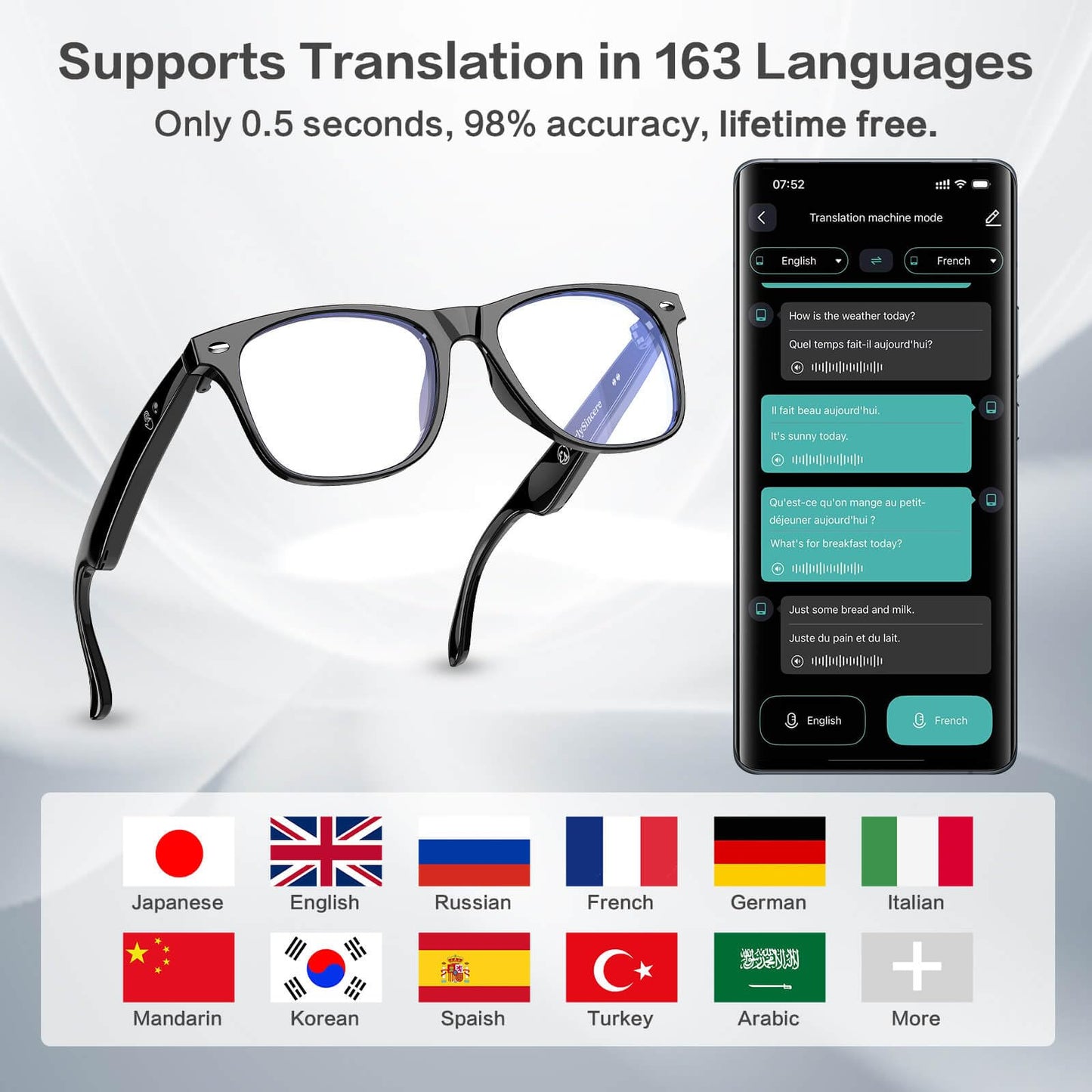 AI Smart Glasses, Bluetooth Glasses with 163 Translation, Anti-Blue Light Glasses for Men Women, 7 Day Ultra-Long Standby, UV Protection, Waterproof, Wireless Music & Calls, Voice Control Glasses