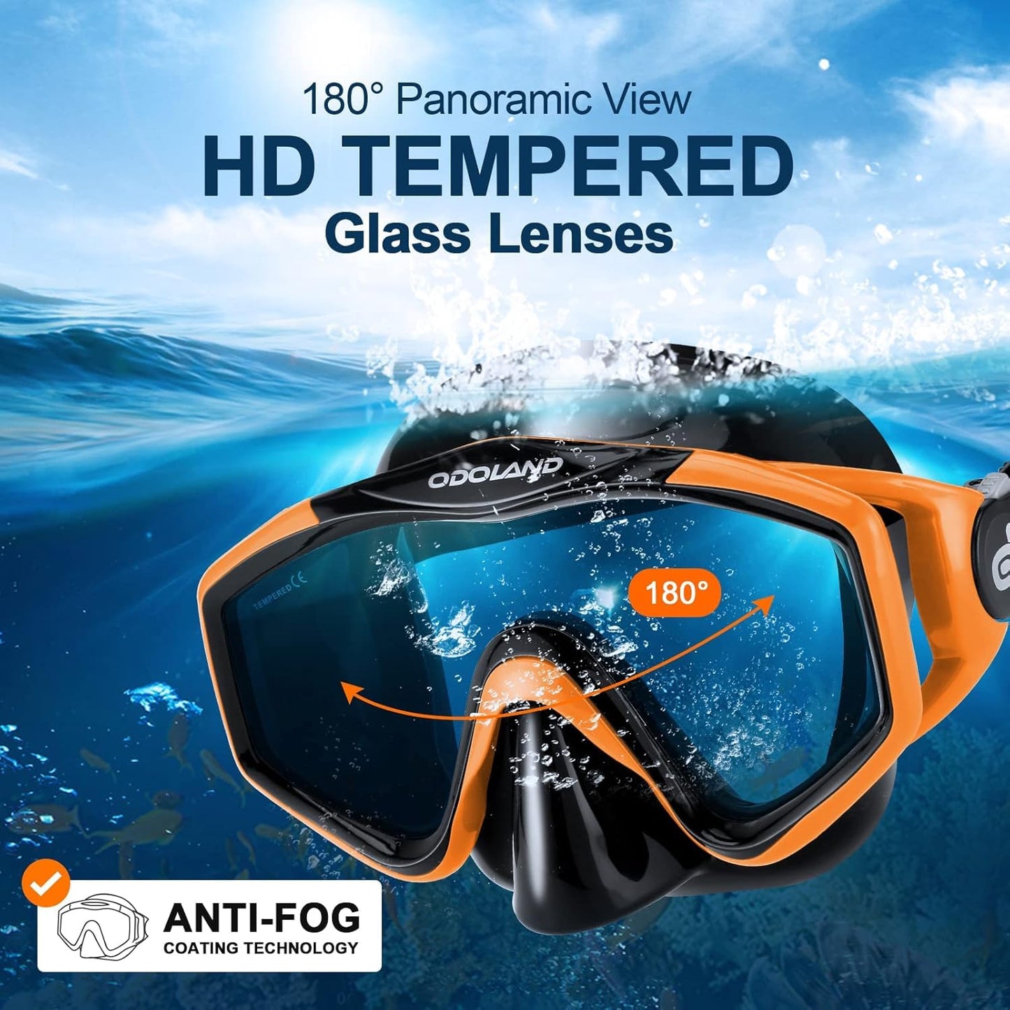 Odoland Snorkel Set, Snorkeling Packages with Dry Top Diving Mask, Adjustable Swim Fins, Mesh Bag, Anti-Fog Anti-Leak Snorkeling Gear for Men Women Adult, Oragne L/XL