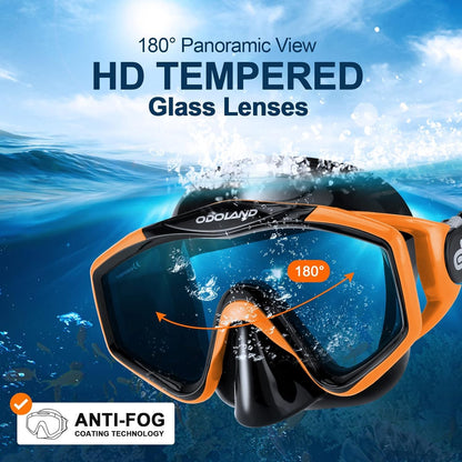 Odoland Snorkel Set, Snorkeling Packages with Dry Top Diving Mask, Adjustable Swim Fins, Mesh Bag, Anti-Fog Anti-Leak Snorkeling Gear for Men Women Adult, Oragne L/XL