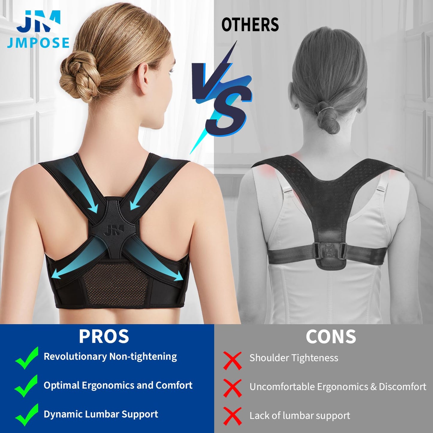 JMPOSE Posture Corrector for Back Support: Adjustable Shoulder Posture Brace for Men and Women (Black, Small/M)
