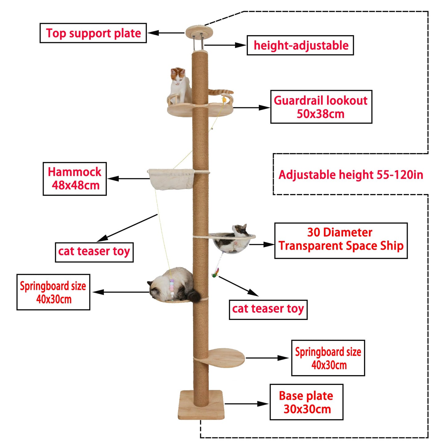 Floor to Ceiling Cat Tree Height (50-120 in) Adjustable Cat Tower 5 Tier Hemp Scratching Post High Cat Tree Sturdy Activity Tree Indoor Outdoor Cat Scratching Post Activity Center