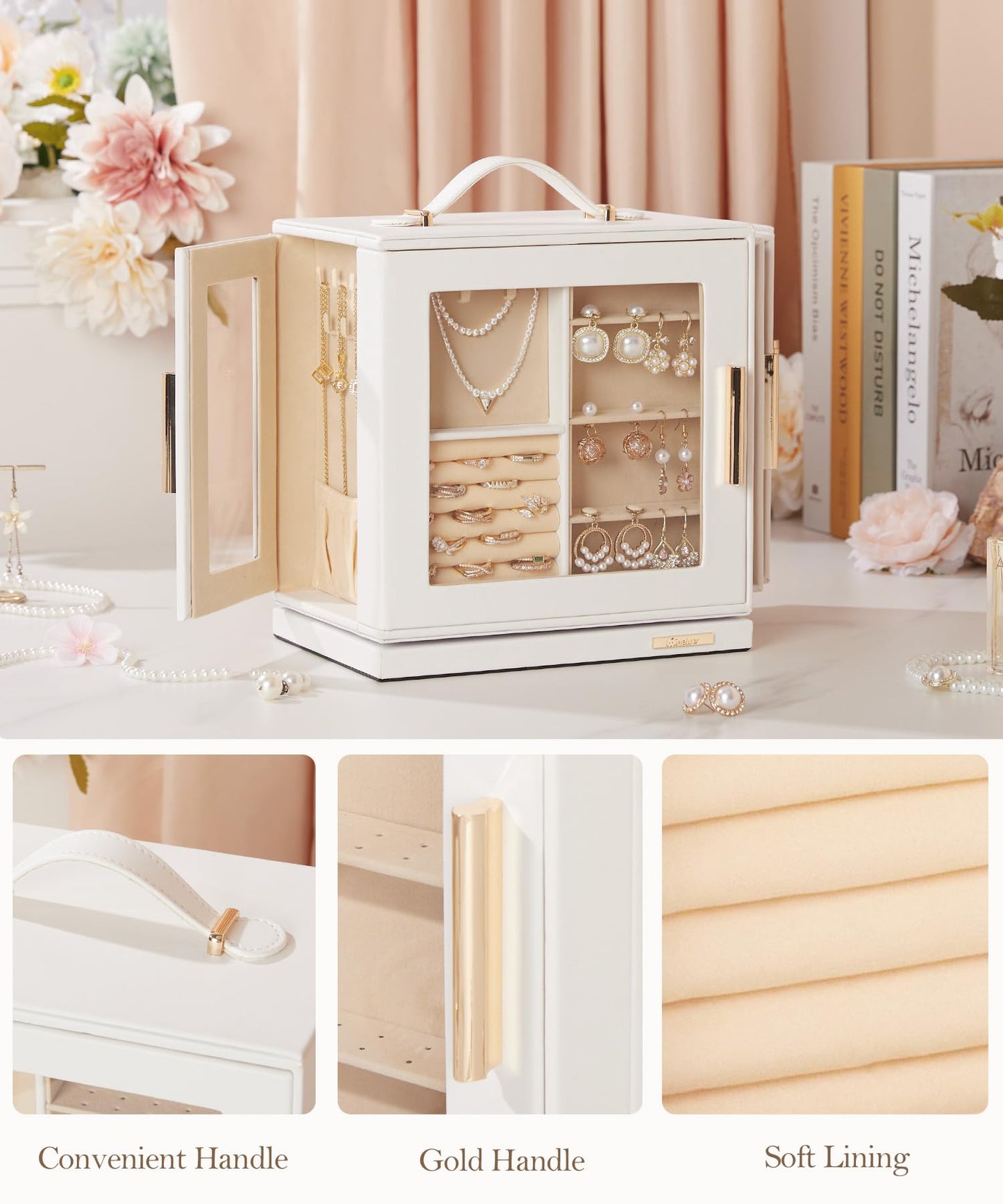 Homde Jewelry Box 360° Rotating, Necklace Earring Organizer with Transparent Window, Mirror, 7 Drawers, Large Ring Display Storage Case for Girls Women (White)