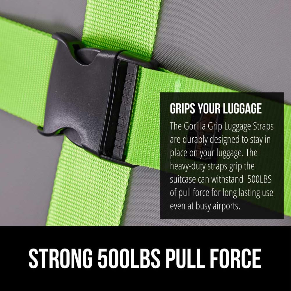 GORILLA GRIP Heavy Duty Adjustable Luggage Straps for Suitcases, Easy to Identify Travel Belt Connector Holds Suitcase Together, Extends Life of Bag, Strap Connects Two Bags, Accessories 2 Pack Green