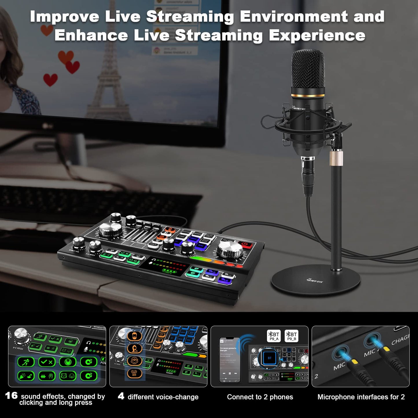 Podcast Equipment Bundle for 2, Audio Mixer with Condenser Microphone and 48V Phantom Power Supply Audio Interface for Live Stream Record Game