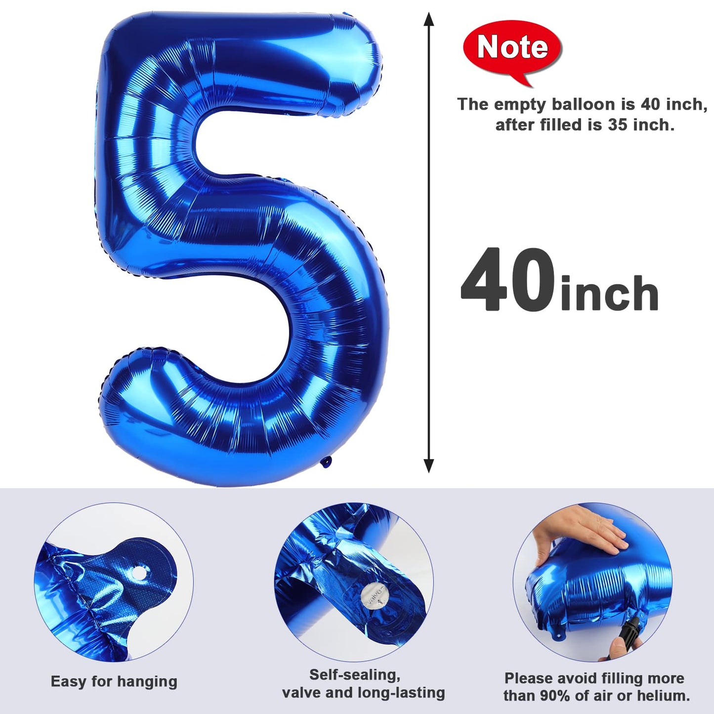 Number 5 Balloon 40 Inch for 5th Birthday Decorations, 15 25 35 50 Big Navy Blue Numbers Balloons for Wedding Party Decor