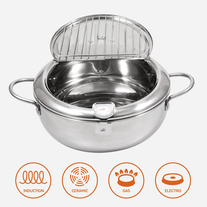 Kerilyn Deep Fryer Pot, 11 Inch/4.2 L Janpanese Style Tempura Frying Pot with Lid, 304 Stainless Steel with Temperature Control and Oil Drip Drainer Rack, for Kitchen French Fries, Chicken etc