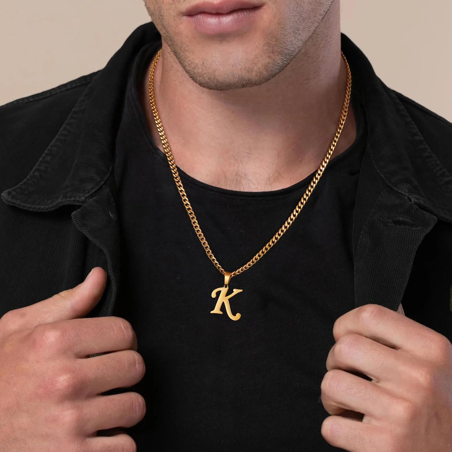Initial Necklace for Men Boys, Gold Chains for Boys Mens Jewelry Stainless Steel Cuban Chain Letter K Pendant Necklace Anniversary Fathers Day Birthday Gifts for Men Dad Grandpa Son Boyfriend Husband