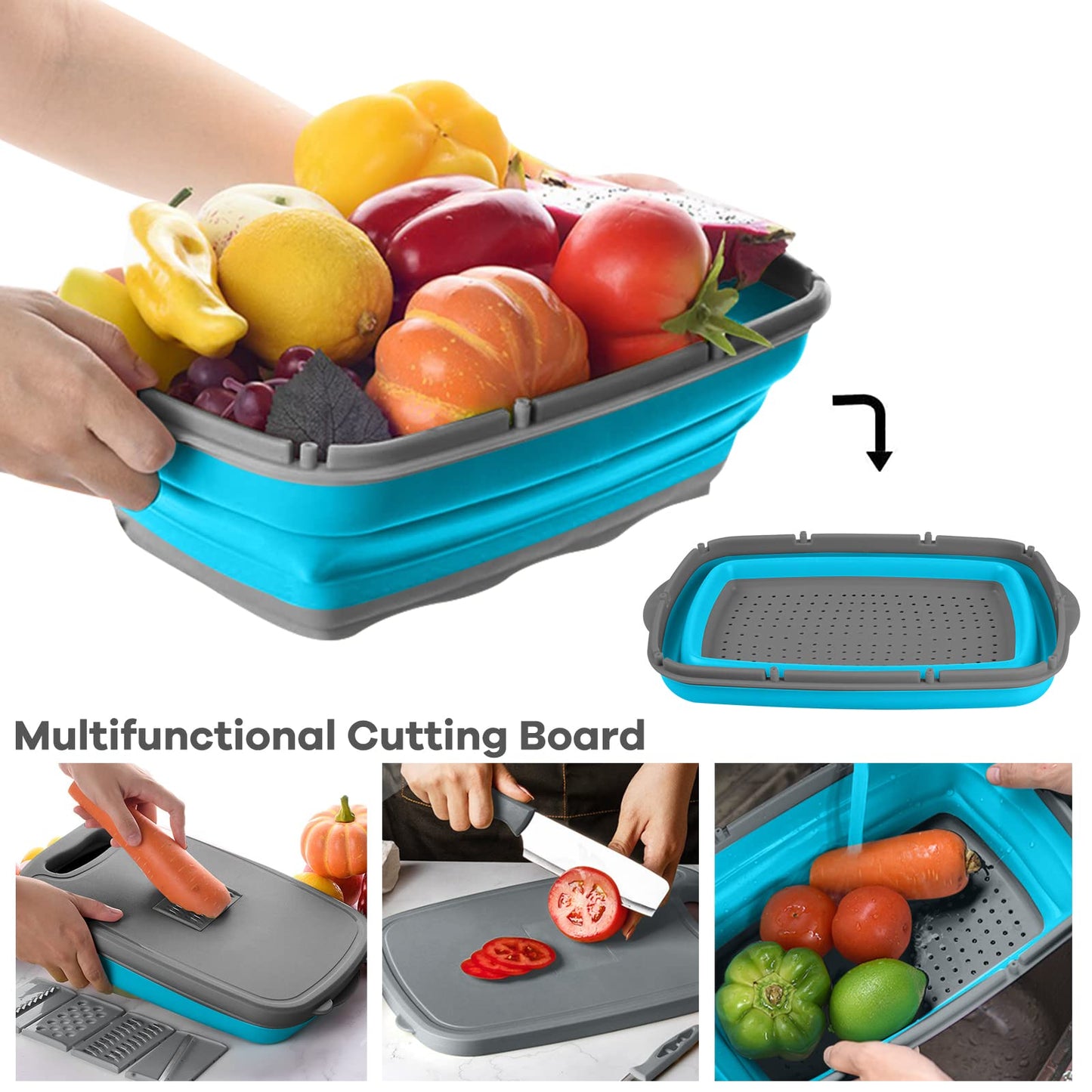 HI NINGER camping cutting board, Collapsible Chopping Board with Colander, 9-In-1 Multi Chopping Board Kitchen Vegetable Washing Basket for Camping,Camping Gifts Camping Accessories for RV Campers